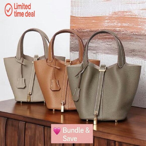 Genuine Leather Bucket Bag with Lock Design, Spacious Shoulder Satchel - Picture 5 of 8